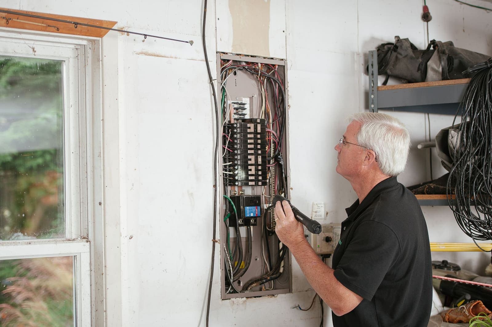 An electrician with a flashlight inspects an open residential breaker panel in a garage