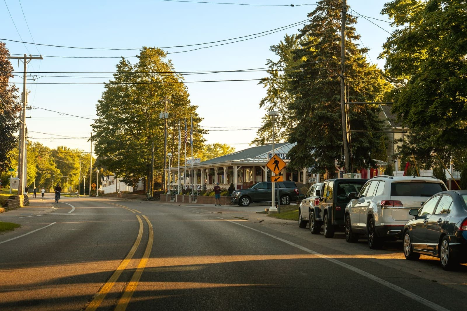 A tree-lined street in Holland, Michigan in evening light