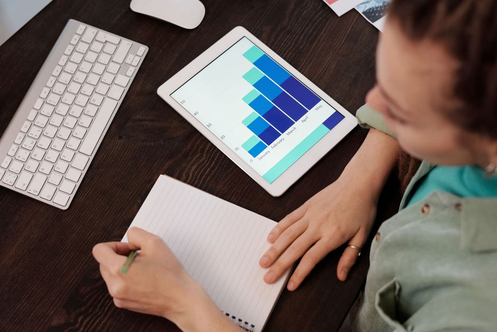 A woman taking notes beside a tablet showing a monthly bar chart