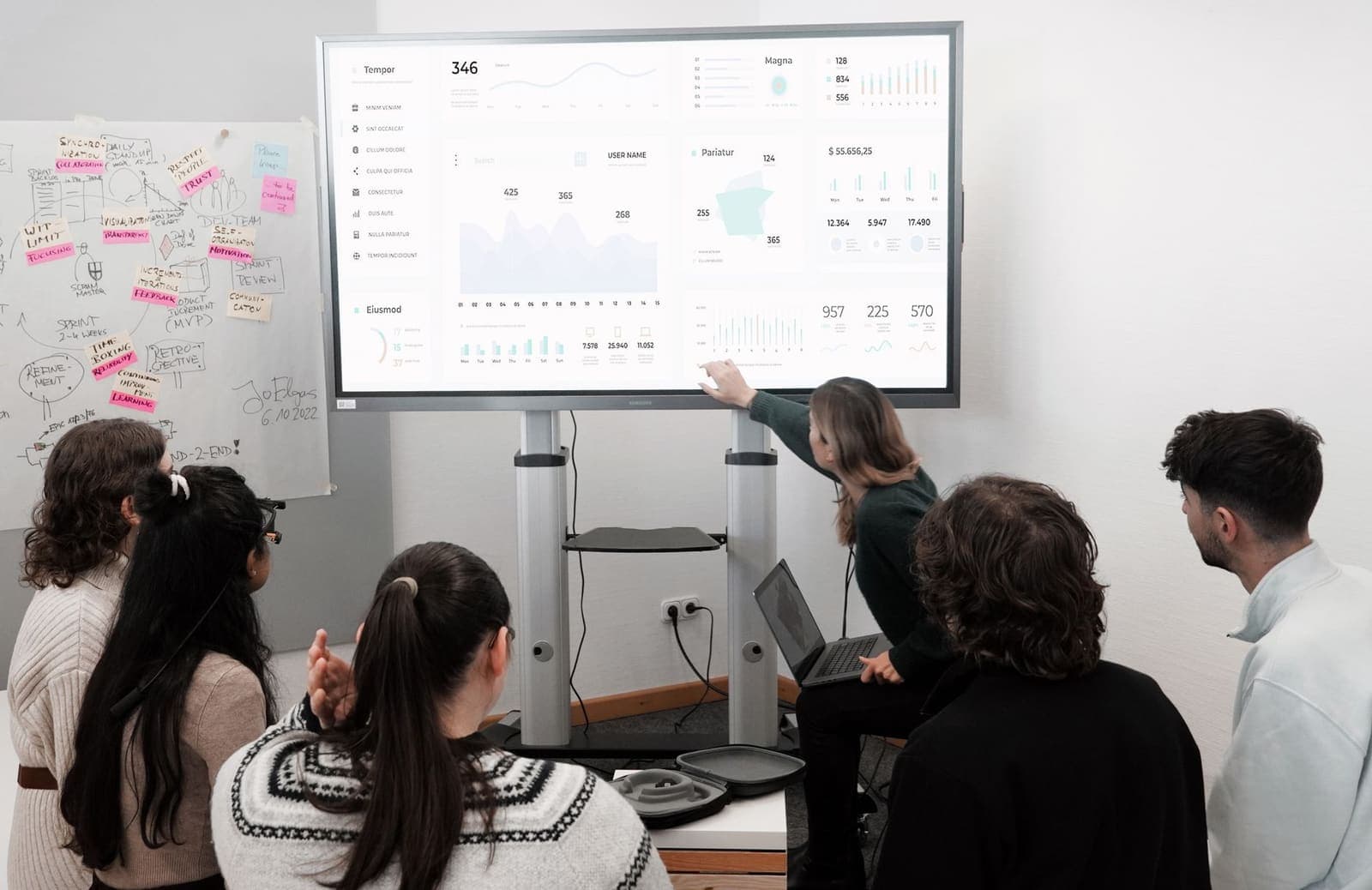 A team in a meeting room looking at an analytics dashboard on a large screen