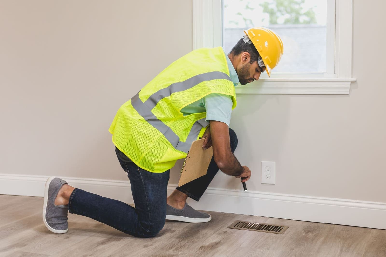 A worker in a hard hat and high-visibility vest kneels by a wall outlet with a flashlight and clipboard, next to a floor vent in an empty room